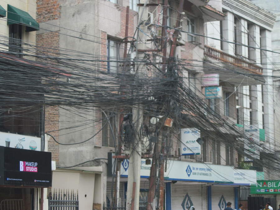 Jumble of wires on Kathmandu telephone pole